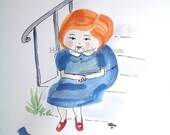 5 x 7 Watercolor Print, Red Haired Girl Feeding a Bird