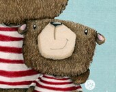 Art  Print, Bear, Brown, Red Stripes, Stars, Illustration, Wish Upon a Star