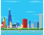 8-bit Chicago Skyline Pixel Art Print