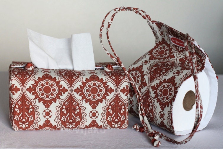 Brownish-red floral damask bath accessory set