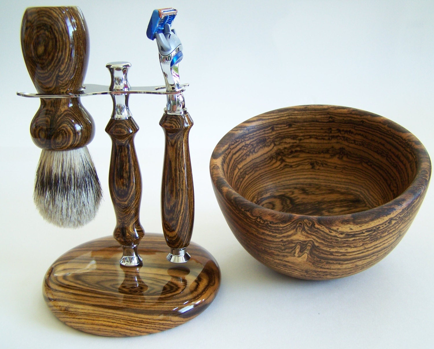 Bocote Wood Shaving Set:  Silvertip Badger Brush, Fusion Razor, Stand and Bowl (Handmade in USA)