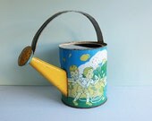 1950s Tin Toy Watering Can with Mischievous Children Playing in a Garden