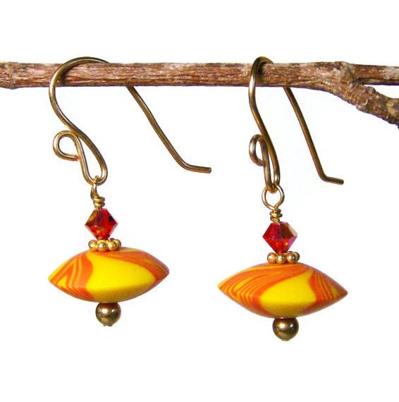 Handmade Polymer Clay Pierced Earrings Jewelry Gold Plated Swirled Lentil Shape Drops Yellow Red Swarovski Crystal