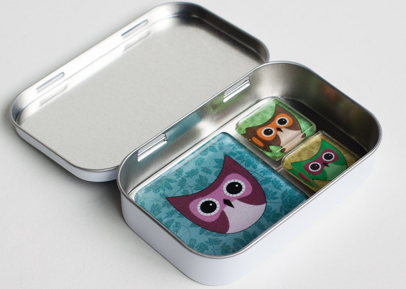 Little Owl Glass Magnet Set with Designer Gift Tin- Very Last One