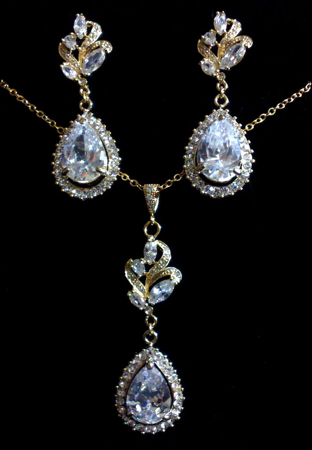Gold Bridal Earrings and Vine Necklace, Oval Teardrop Vineyard Wedding Jewelry, HARVEST GOLD Set