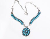 Native American Turquoise Sterling Necklace - Zuni 26" Sterling Choker Necklace  - 80s Signed