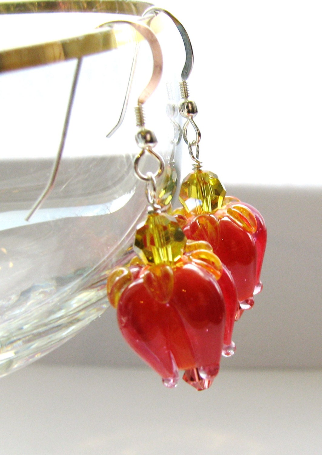 Mother's Day Earrings Orange Red - Rose Buds Lampwork, SRA Artisan Glass Flowers, Swarovski Crystals, Sterling Silver