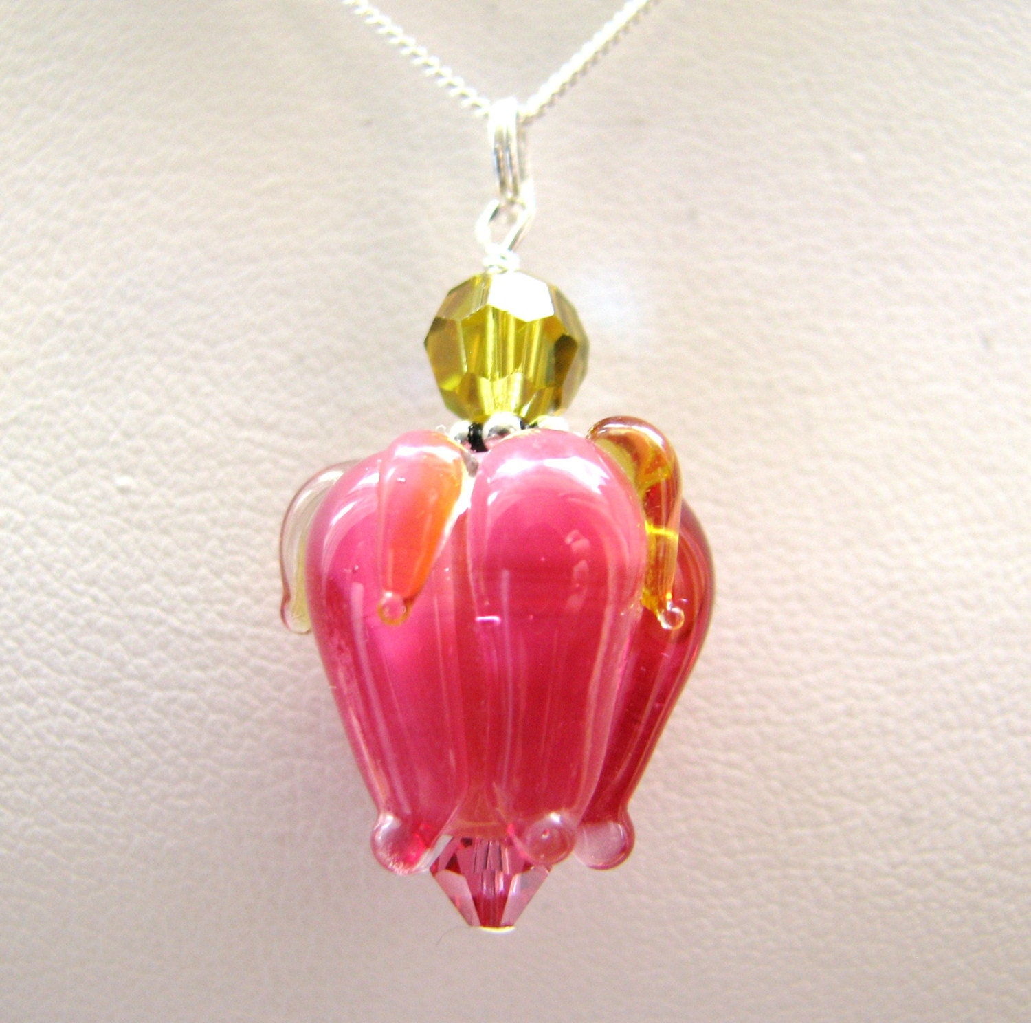 Mother's Day Pendant Necklace, Raspberry Pink - Rose Buds Lampwork, SRA Artisan Glass Flowers, Swarovski Crystals, Italian Sterling Silver