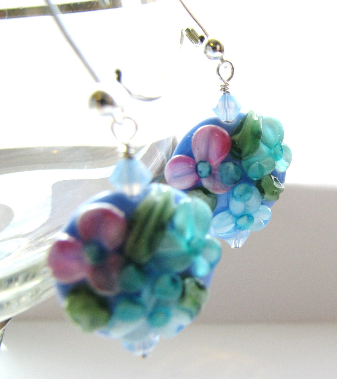 Mother's Day Earrings, Pink, Aqua, Periwinkle Blue - SRA Artisan Sculptured Lampwork Glass Flower, Swarovski Crystals, Sterling Silver