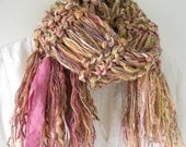 Knit scarf, women's silk sari fringed pink gold rose mauve ivory multicolor long winter crochet fashion, chunky wool blend cotton i968