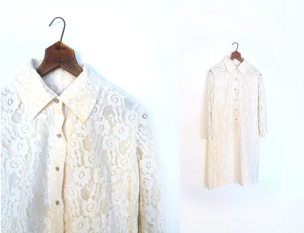 60s Lace Dress / Vintage 1960s Dress / Mod Wedding Dress / Large L / Rhinestone Buttons