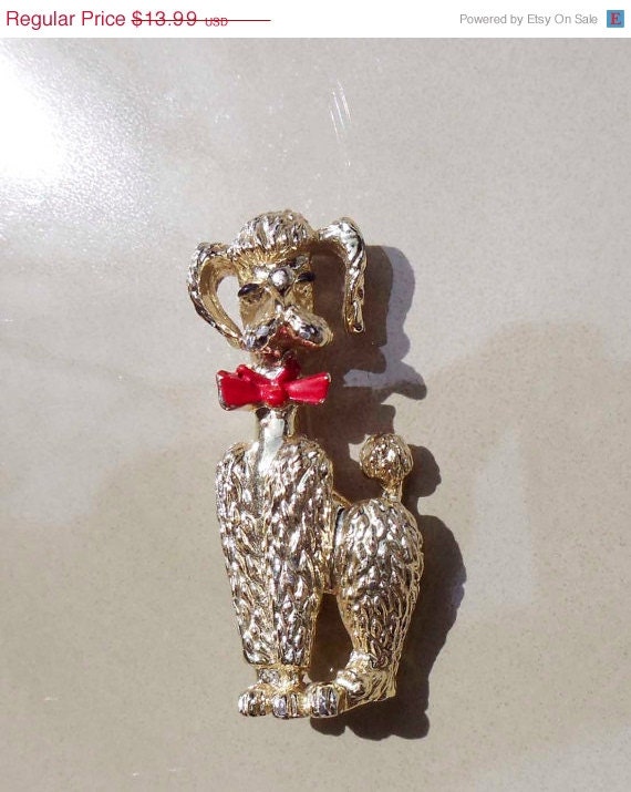Summer Sale Vintage Gold Poodle Brooch red bow