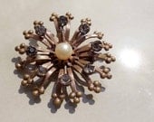 Summer Sale Vintage brass pearl rhinestone brooch c 1940