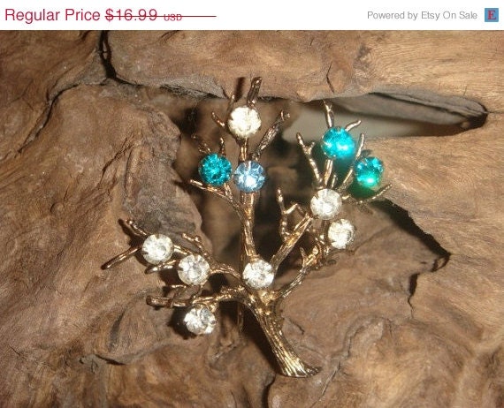 On Sale Vintage Gold STARLING Tree Brooch with rhinestones