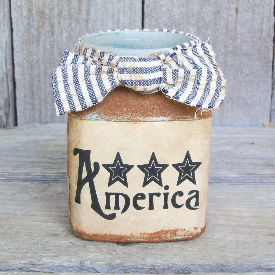 Rustic Country Americana Firelight Candle Jar, Patriotic, 4th of July Decoration, America, Red, White, Blue, Stars, Stripes, Tealight Holder