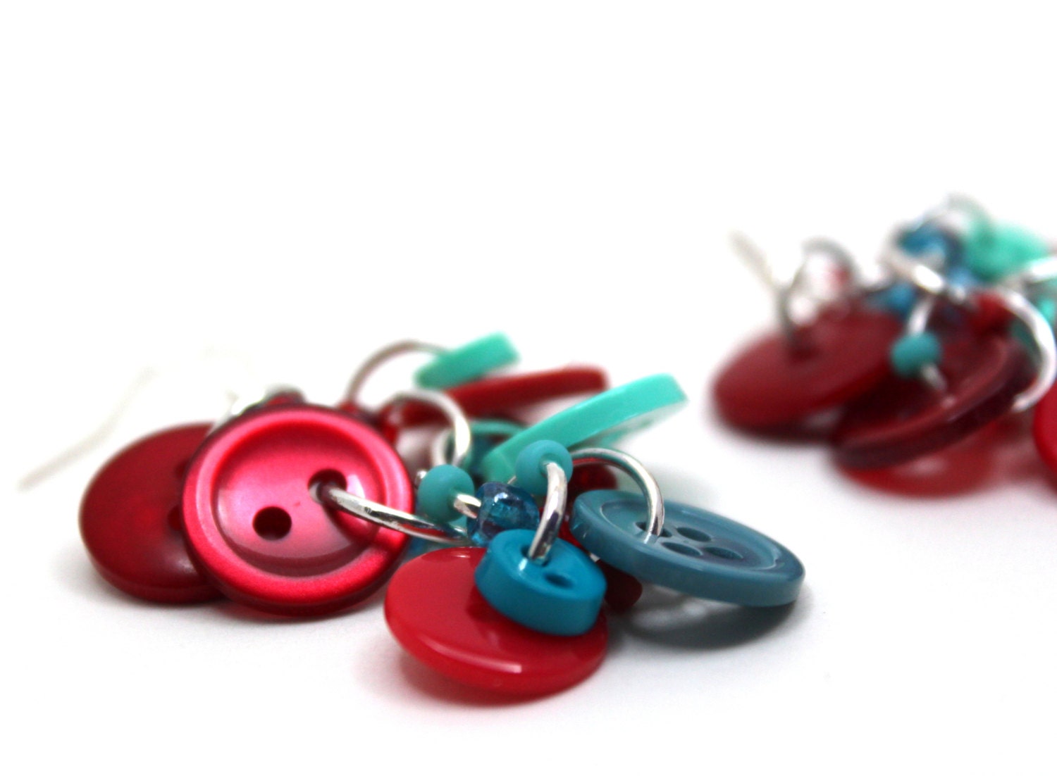Button Dangle Earrings - Turquoise Blue Red by randomcreative on Etsy