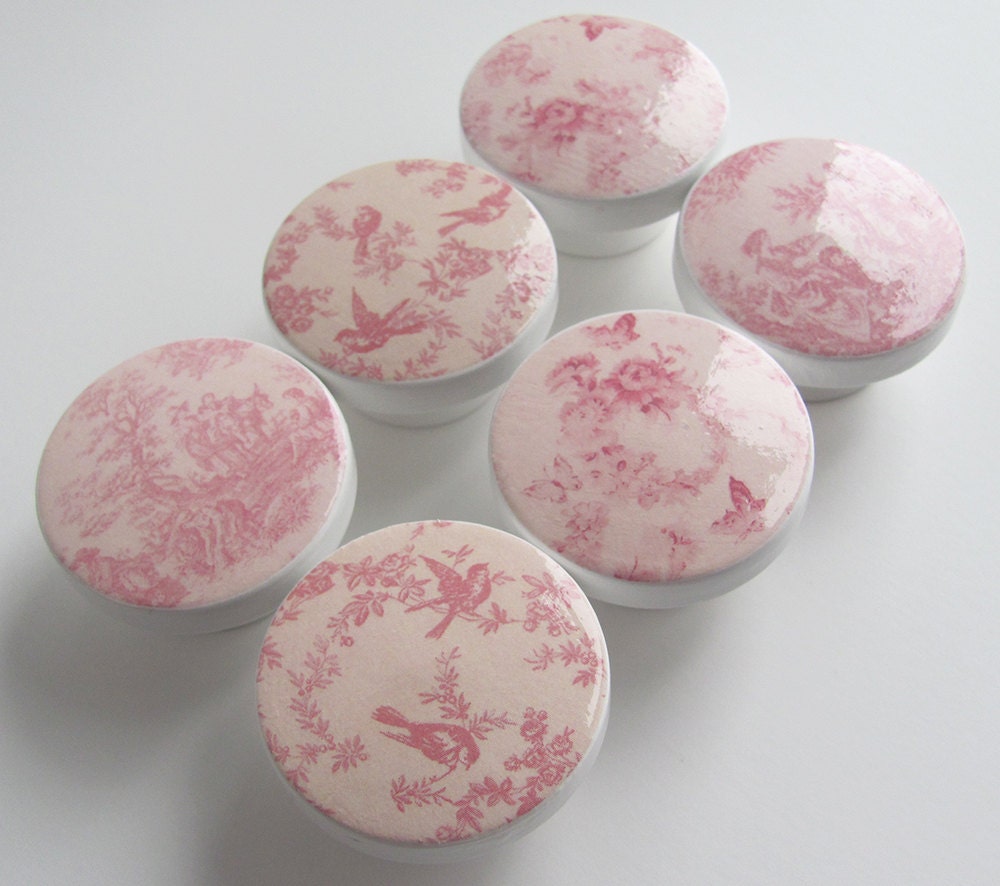Girl's Pink Floral Drawer Knobs- Pink Toile Knobs- Pink Bird Knobs- Pink Roses Drawer Knobs - Wood Knobs- 1 1/2 Inches - Set of 6