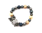 Rhinestone Owl Stretch Stack Bracelet with Swarovski Pearls grey, gold, blue, gunmetal