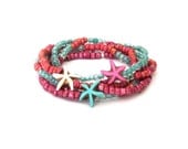 Starfish Stretch Stack Bracelet with Glass Beads pink, turquoise, beige and mint green Set of 5
