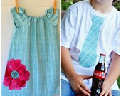 Brother and Sister Set . Twins . Girl Peasant Dress . Boy Tie Tee or Bodysuit . Aqua Herringbone . Poppy Applique