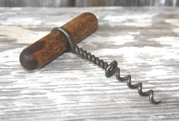 Vintage Wood Handled Cork Screw  Wine Bottle Opener Antique Twist