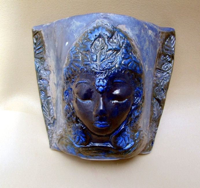 Blue Tara Wall Pocket - Folk Sculpture Ceramic Porcelain Garden Art Planter Original Sculpture Vessel