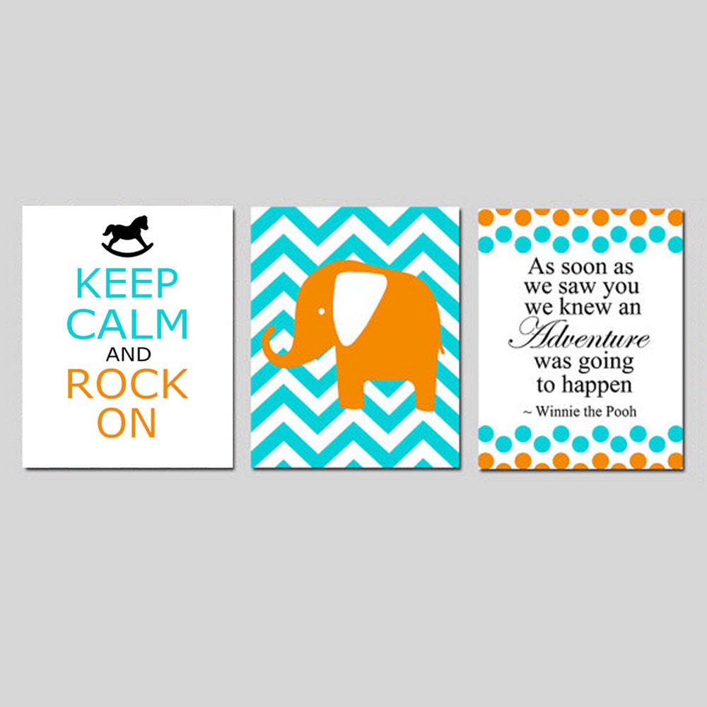 Nursery Trio - Set of Three 11x14 Prints - Chevron Elephant, Keep Calm Rock On, Winnie The Pooh Adventure Quote - Choose Your Colors