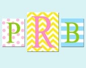 Chevron Stripe Monogram Trio - Set of Three Nursery Kids Prints - 8x10 and 11x14 - Chevron, Polka Dots, Stripes - Choose Your Colors