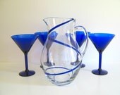 Vintage Cobalt Blue Barware Martini Margarita Pitcher and Glasses