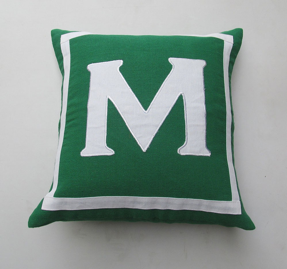 Monogrammed pillow custom made 14X14 inch green and white or in the colors of your choice.