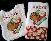 Personalized Baby Gift Set - Appliqued Bib and Burp Cloth - Baseball - White Chenille - Batter Up