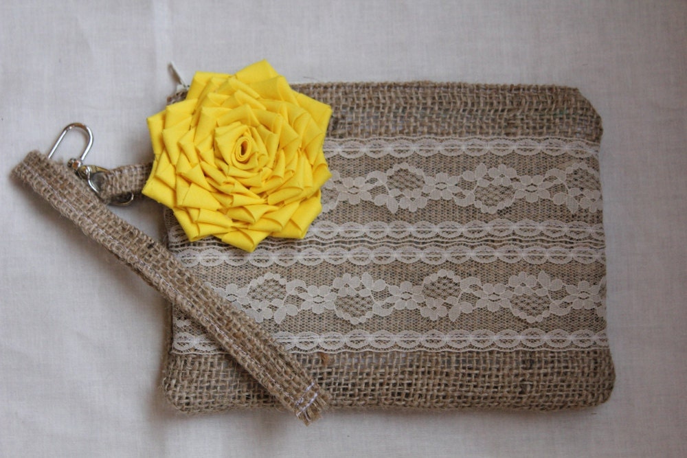 Burlap and Lace Wedding Wristlet Clutch - Wedding Bag - Bridal Party - You Choose The Color Flower and Lining