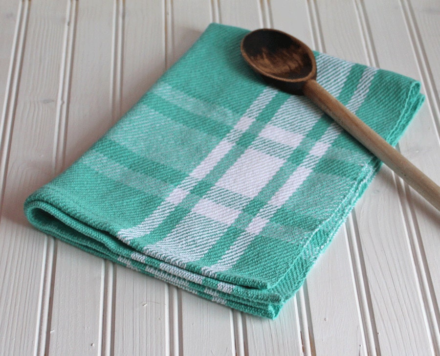 Handwoven tea towel / robins egg blue white farmhouse plaid / kitchen towel handmade by Nutfieldweaver