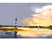 Watercolor Lighthouse painting PRINT  Cape Hatterus North Carolina Seascape Sailboats sailboat  10x14 GICLEE reproduction