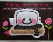 Felt Hair Clip - Hair Accessories - Light Beige, Dark Brown, White, And Pink Embroidered Felt S'mores Hair Clippie - Camping Trip