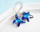 Swarovski Crystal Earrings - Starfish - Blue Teal Sterling Silver