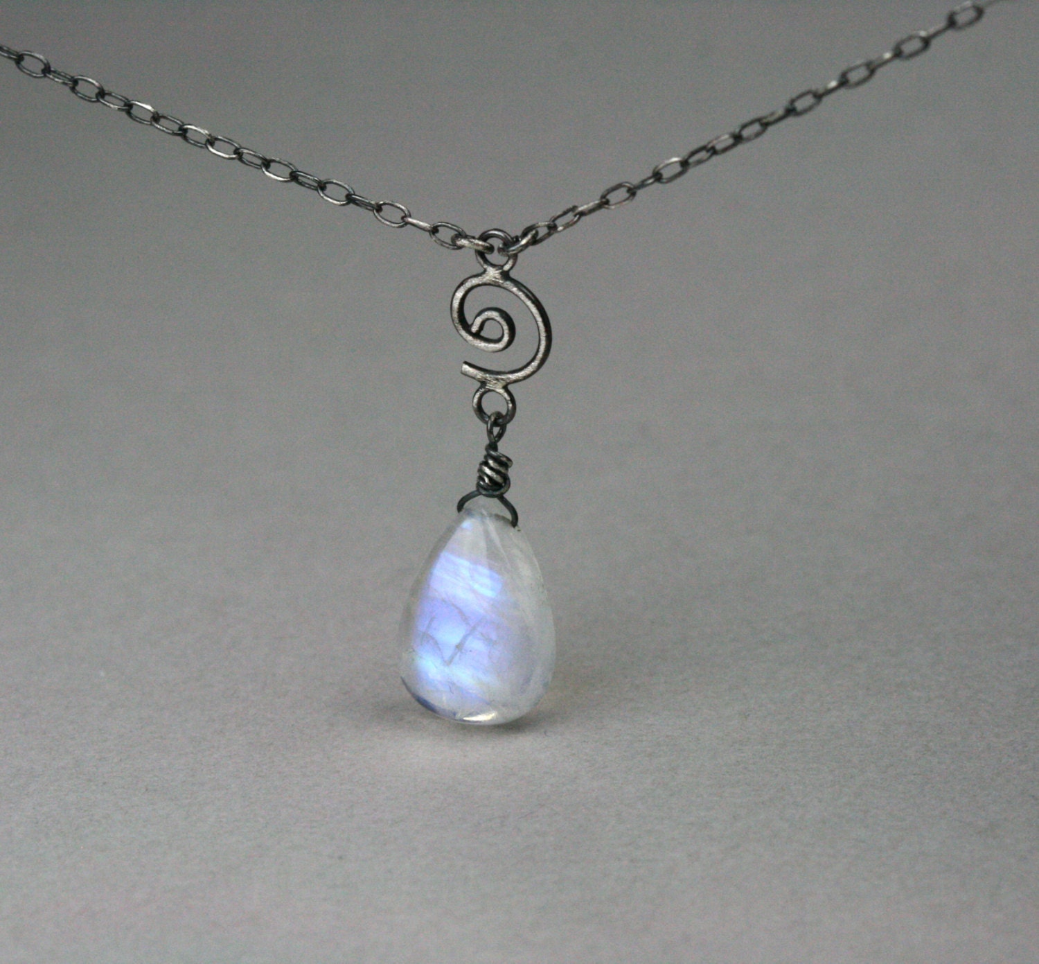 Blue Fire Moonstone Oxidized Sterling Silver Necklace