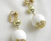 ON SALE Vintage Gold Bead and White Ball  Dangle clip Earrings signed Hong Kong