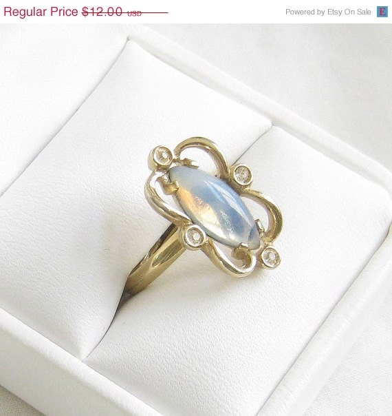 ON SALE Vintage Faux Moonstone and Clear Rhinestones Ring signed SARAH Coventry Size 7 Adjustable