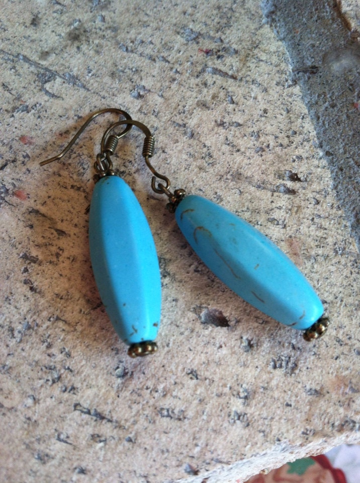 Turquoise Blue  Antique Brass Dangle Earrings