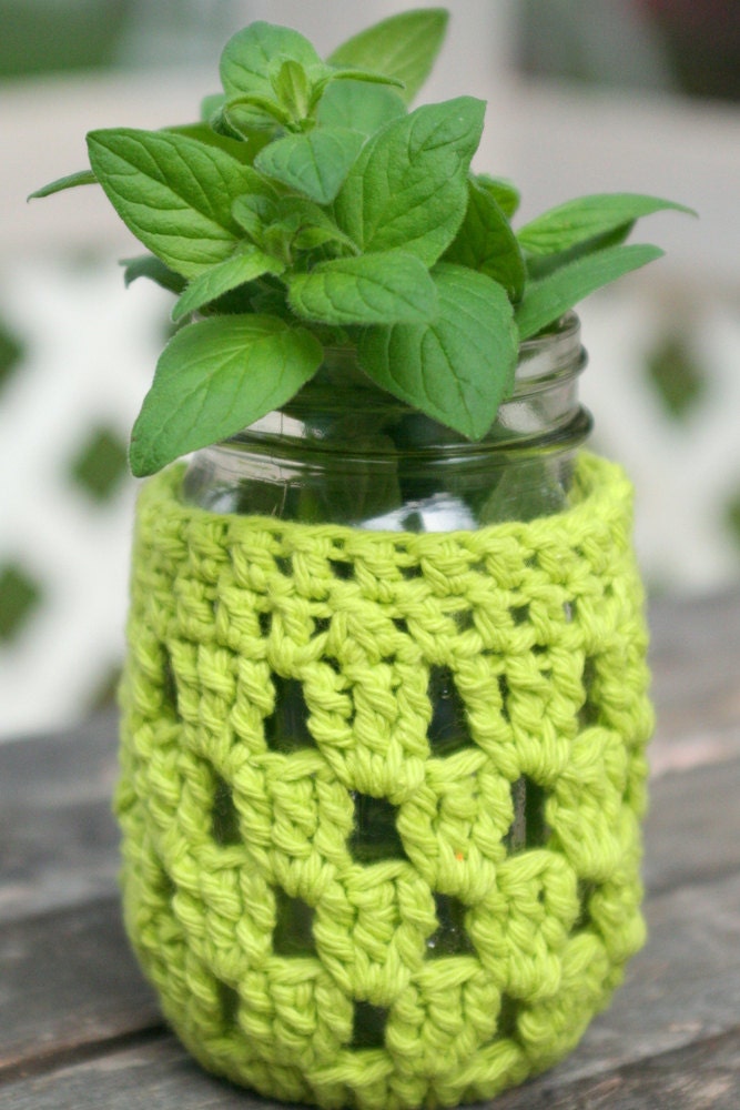 electric lime green 16 ounce mason jar crochet cozy by yourmomdesigns (rts) perfect for wedding centerpieces and summer parties