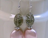 VIntage Japanese Pink Lucite Pearl Bead Earrings, Gray Pressed Glass, Silver