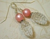 Vintage Rose Quartz Pink Moonglow Bead Earrings, Faceted Crystal,Sterling Silver