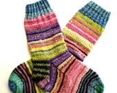 Socks - Hand Knit Women's Socks with Multi-Colored Stripes