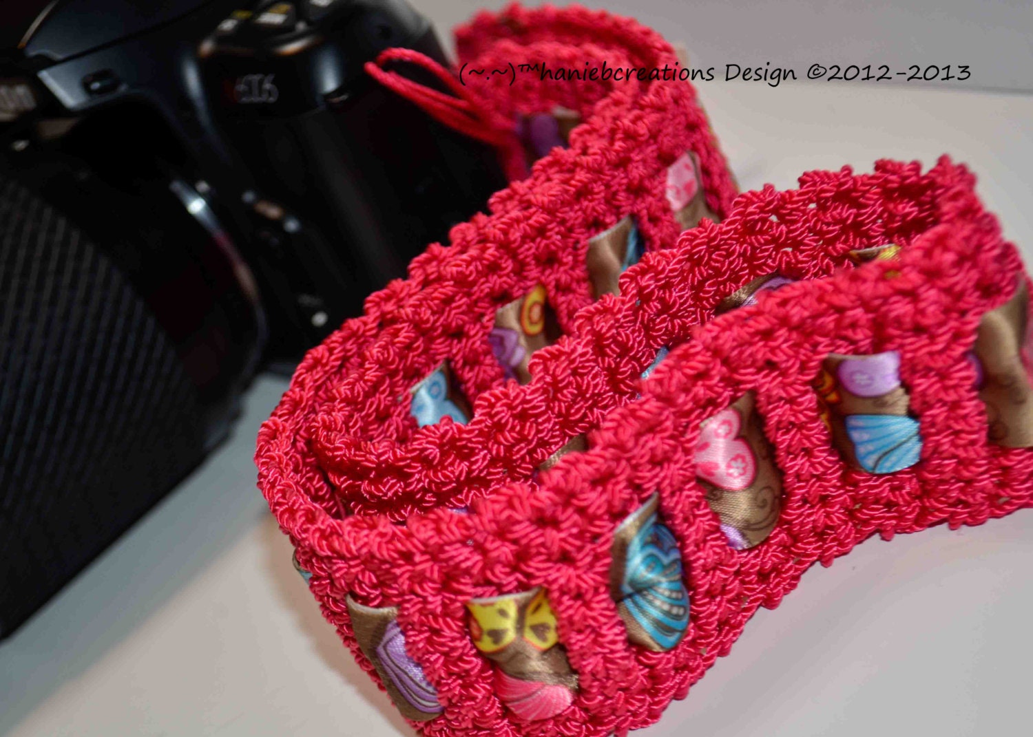 DSLR Camera Neck Strap, Point and Shoot, Nikon, Canon, Bright Pink  with Butterfly Print (Ready to Ship)