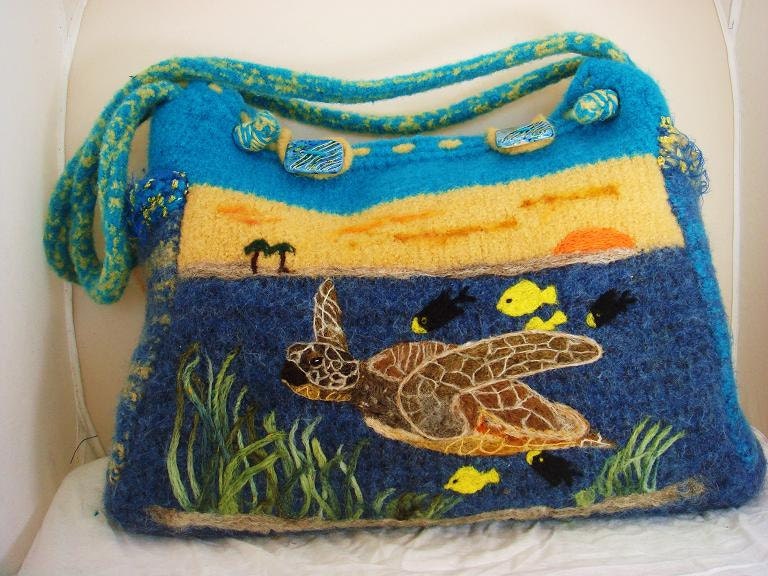 Felted Tote Purse Sea Turtle swimming