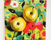 Still life of apples and flowers / Tiny canvas print -blue red yellow green pink orange Colors