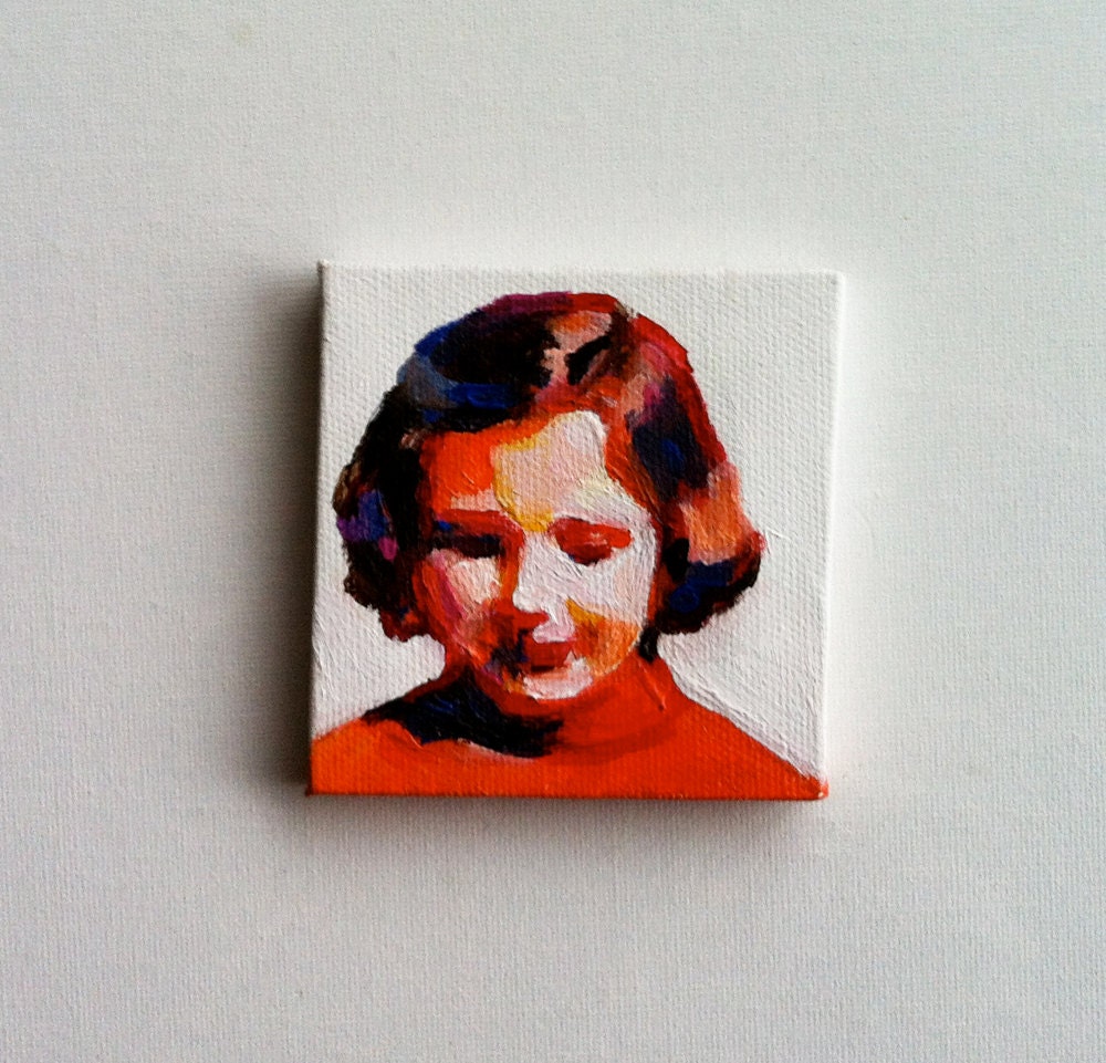 vintage little girl / Original very small painting