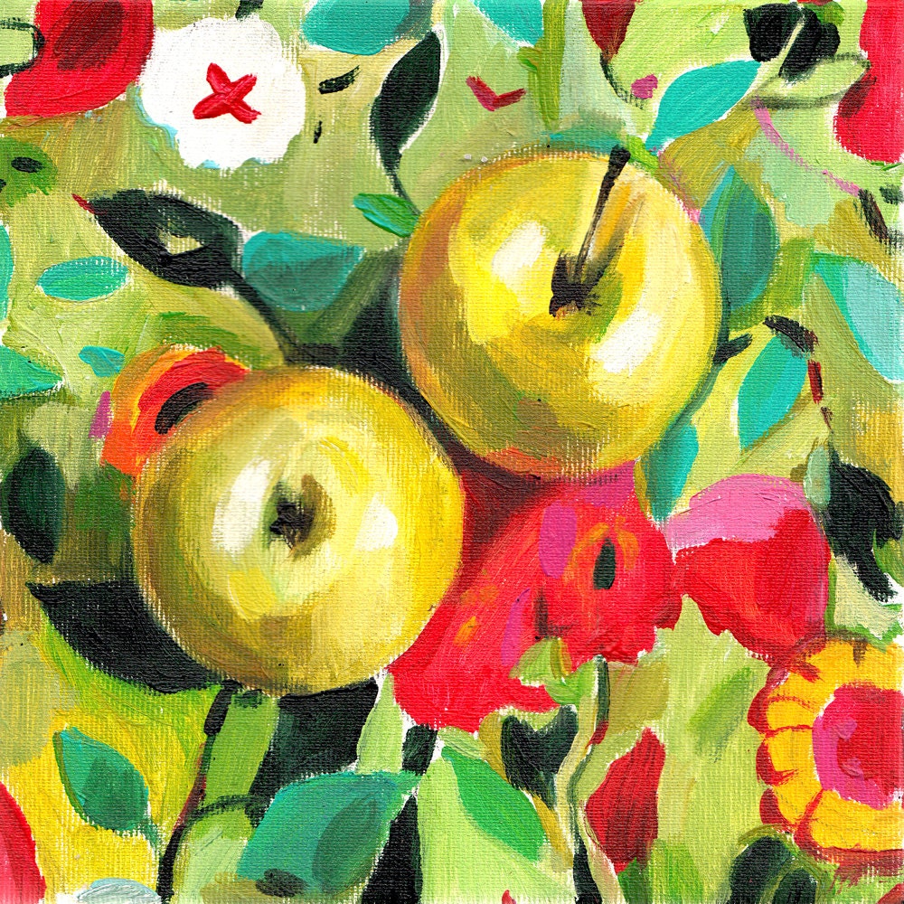 Still life of apples and flowers  / original acrylic painting on canvas
