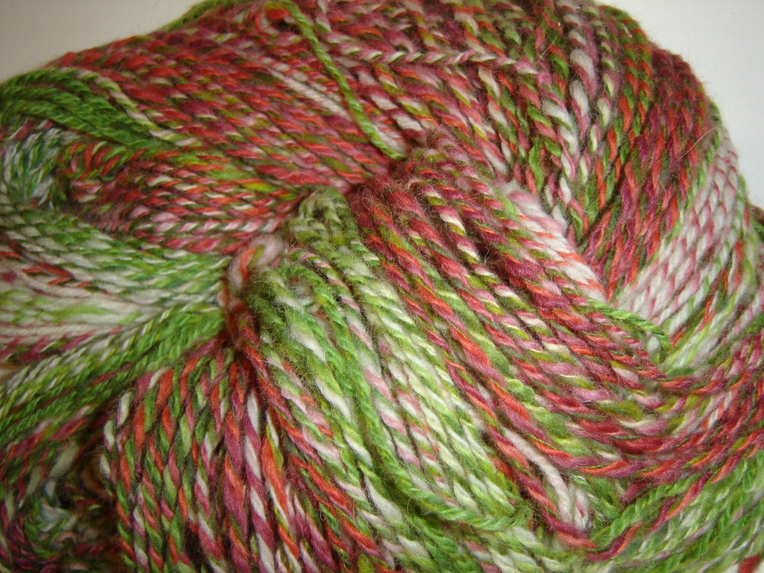 Yarn , hand Spun, 3 ply  Spring Blossoms Targee wool, alpaca 4.6 oz 223 yards pink, coral, green,white